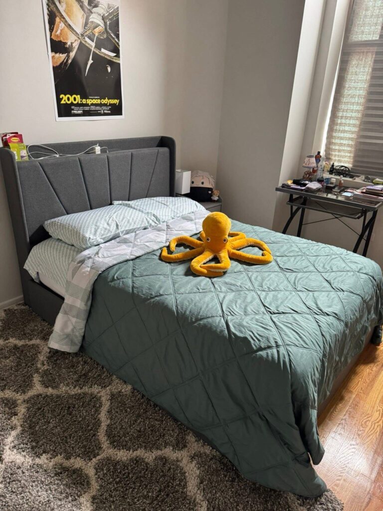 Organized bedroom with clean lines, minimal clutter, and a serene atmosphere.
