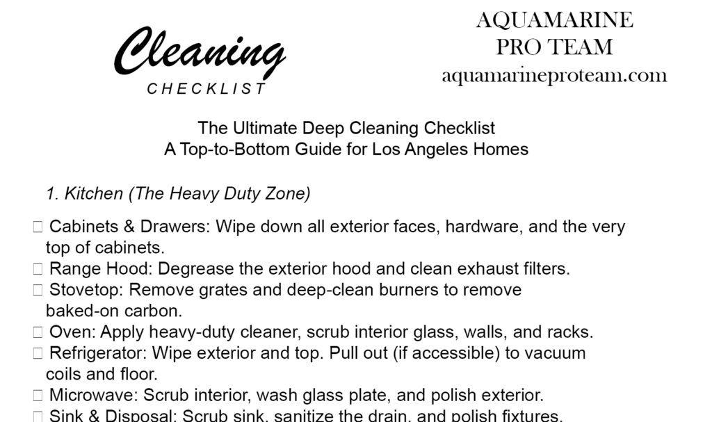 Professional deep cleaning checklist for kitchen, including oven, range hood, and refrigerator detailing.