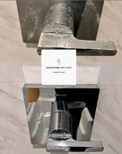 Shower faucet before and after lime scale removal – Aquamarine Pro Team