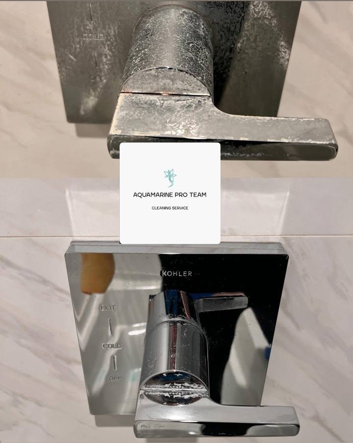 Shower faucet before and after lime scale removal – Aquamarine Pro Team