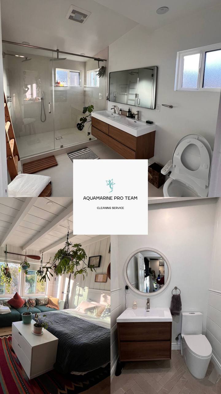 Clean bathroom, bedroom, and toilet after professional deep cleaning – Aquamarine Pro Team cleaning services in Los Angeles.