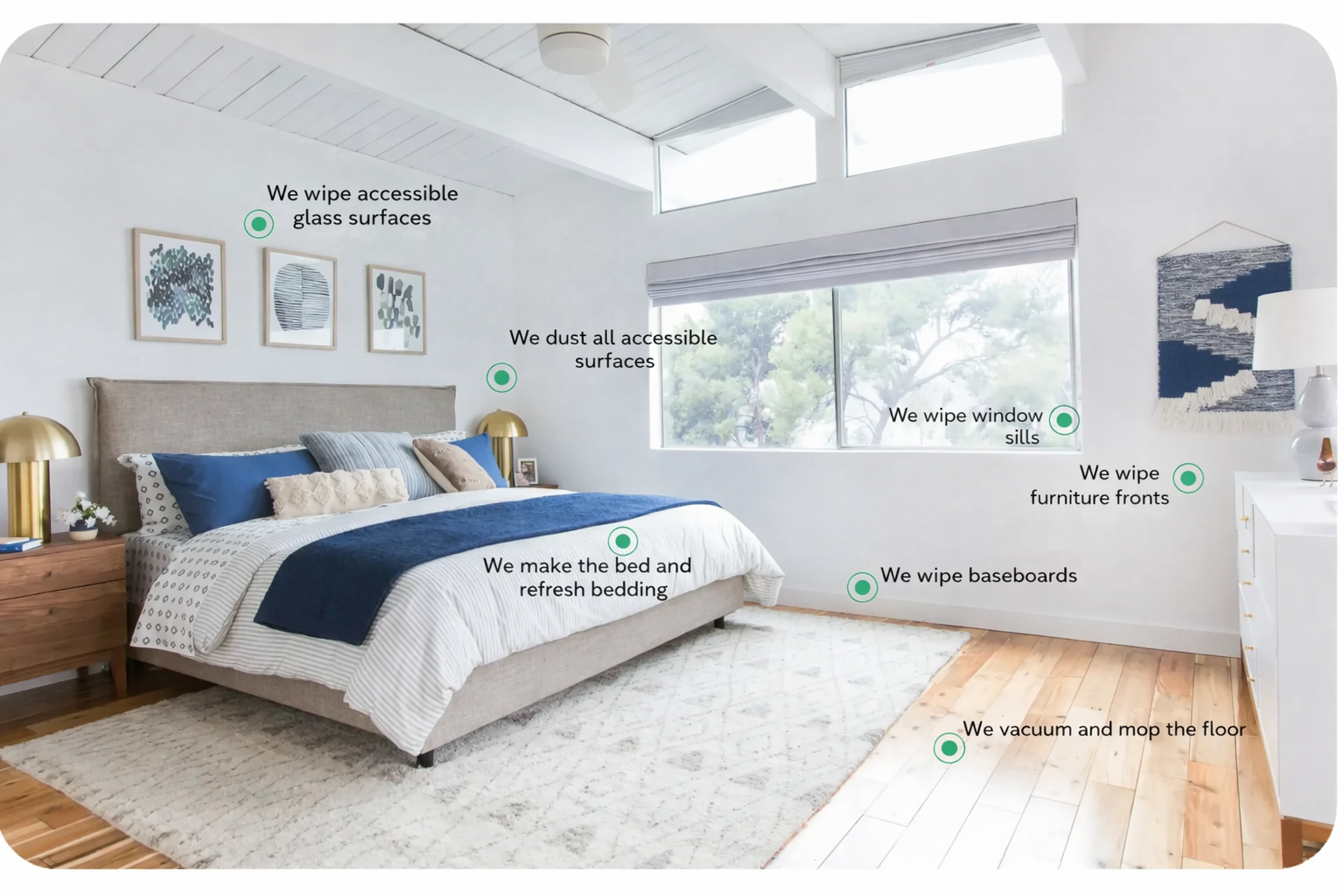 Bedroom cleaning service with dusted surfaces, made bed, wiped furniture fronts, baseboards, and clean floors in Los Angeles