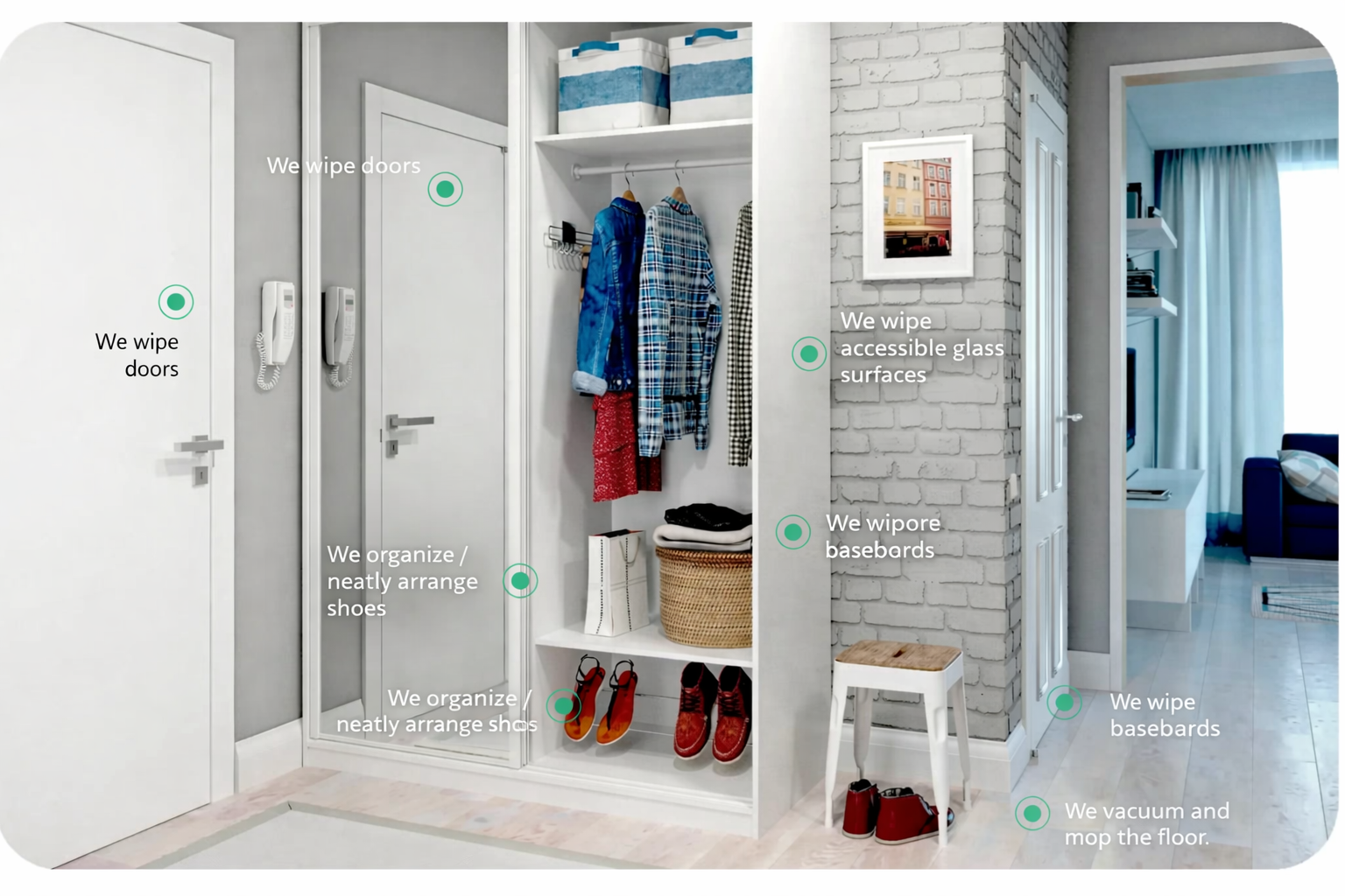 Hallway cleaning service with organized shoes, wiped doors, baseboards, and clean floors in Los Angeles