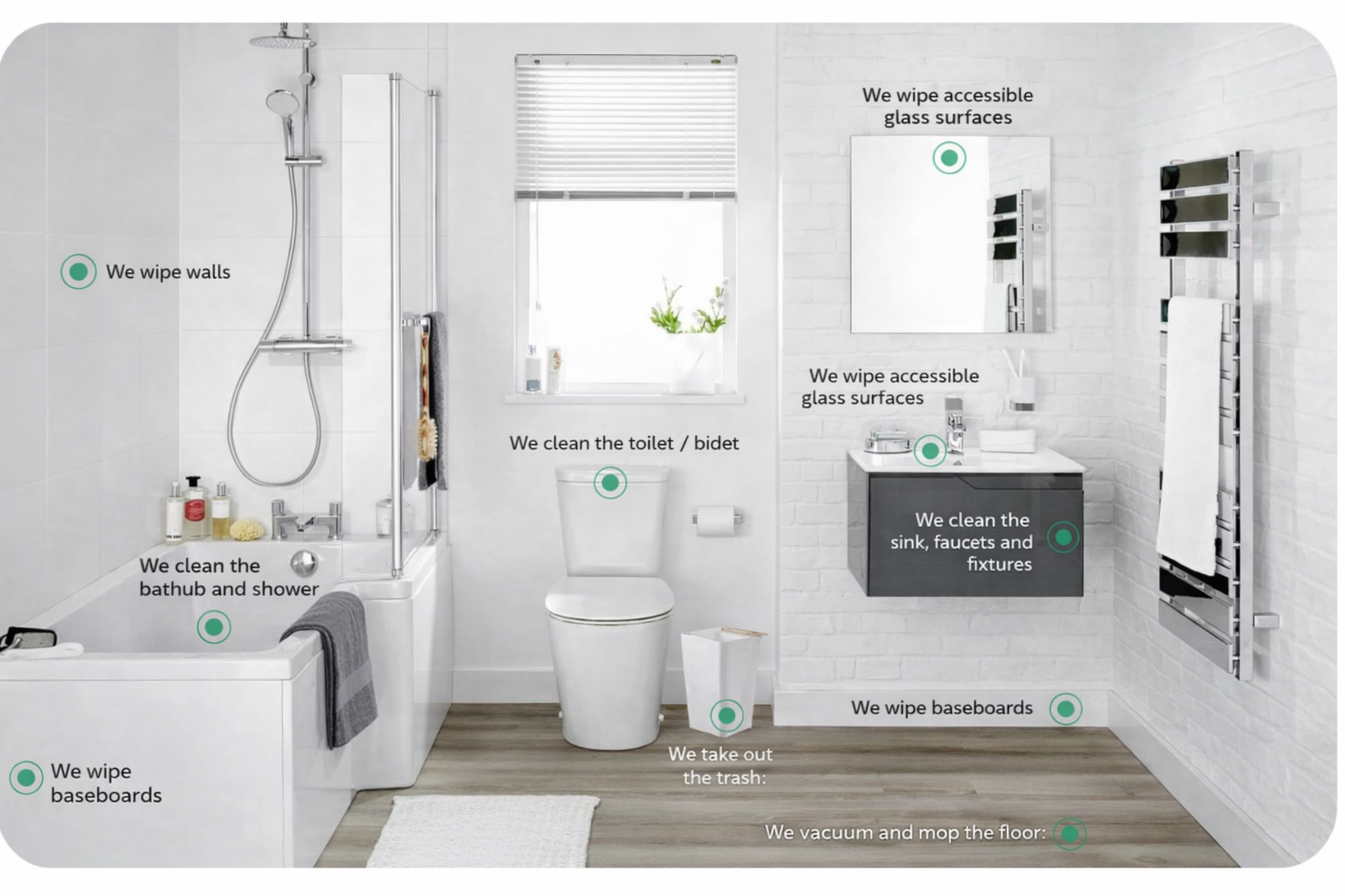 Bathroom cleaning service with clean toilet, bathtub, shower, sink, mirrors, and floors in Los Angeles