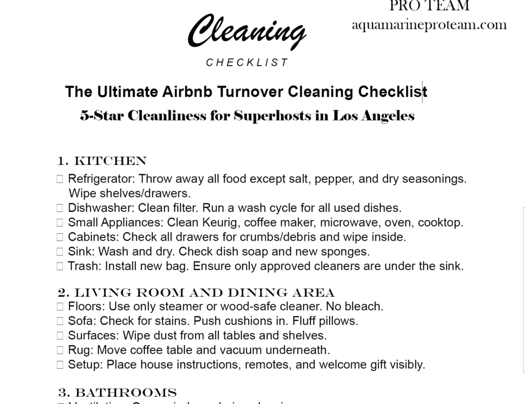 Preview of the ultimate Airbnb turnover cleaning checklist for Los Angeles hosts by Aquamarine Pro Team