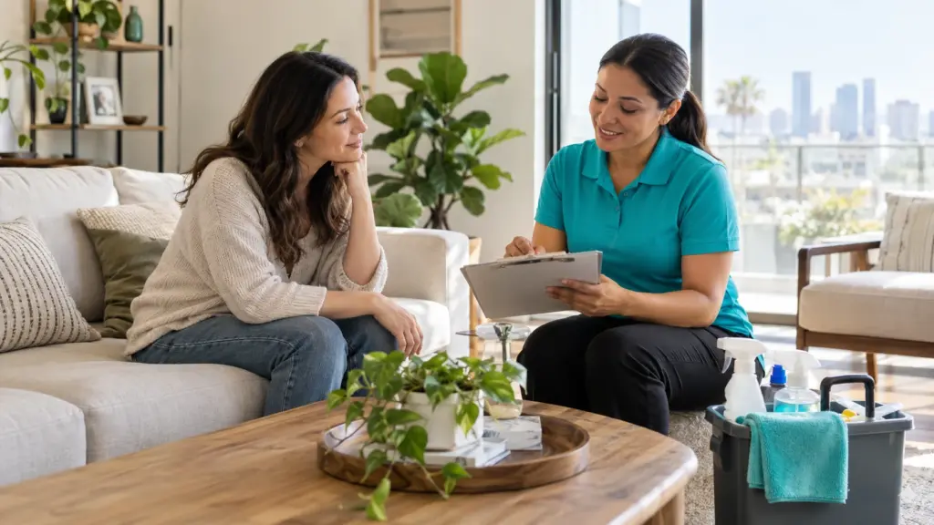Homeowner discussing a cleaning checklist with a cleaning professional